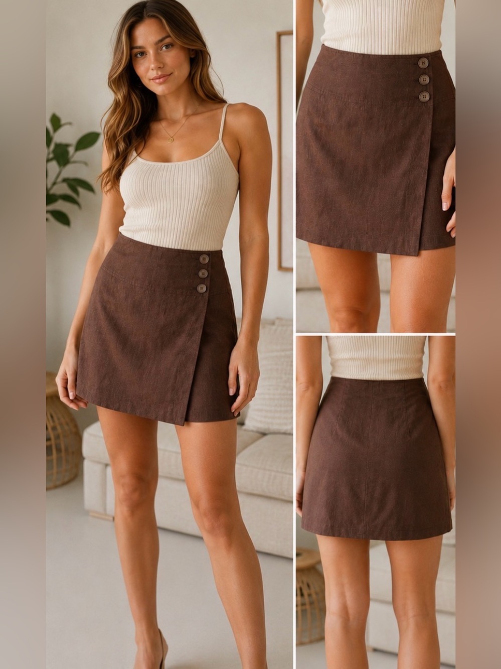 Ann Taylor Brown Linen Blend Wrap Mini Skirt Size 8